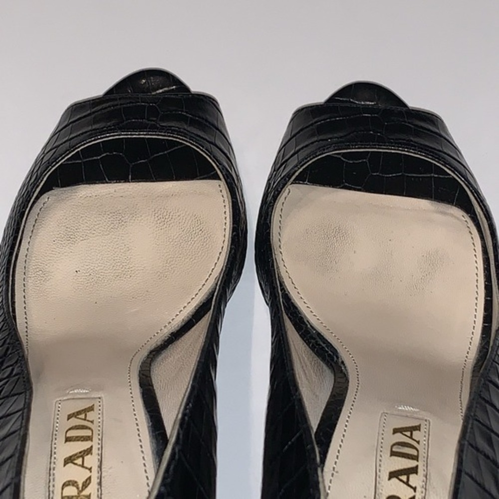 Vtg Prada Sz 36.5 Black Crocodile Embossed Leather Peep Toe Platform Pumps Heels - Picture 4 of 16